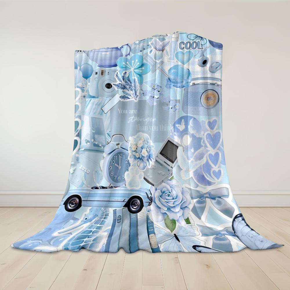 Blue Aesthetic Collage Flannel Blanket Warm Soft Halloween Christmas Couch Warm Cozy Decorative Decor Gift for All Season