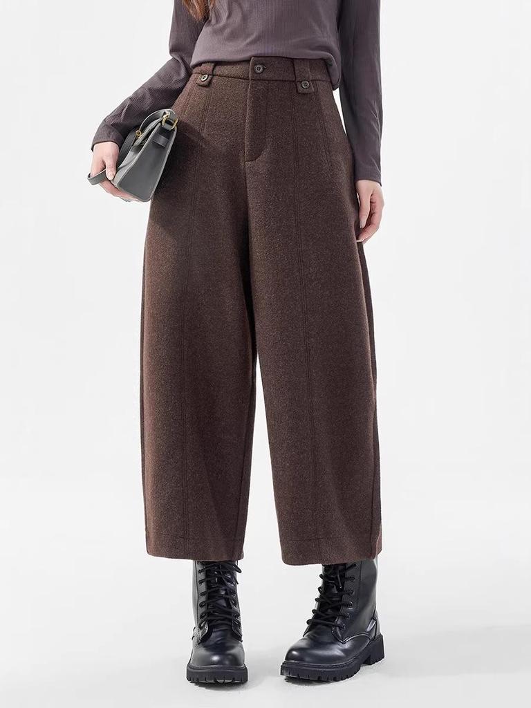 Women's High-Waisted Black-Grey Wool Blend Wide-Leg Trousers, Plus Size, Autumn/Winter