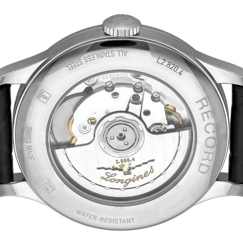 Longines Men's RECORD Automatic Watch, Water Resistant to 3 ATM, Sapphire Crystal, Black Dial, Stainless Steel, L2.820.4.56.2, Black