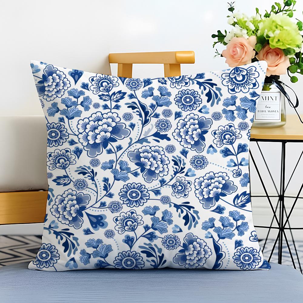 Blue and White Porcelain Cushion Cover Washable Linen Pillowcase Soft for Sofa Bed Cozy Home Room Decor