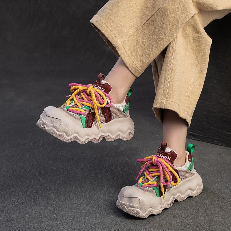 Fashion GKTINOO Sneakers Women Genuine Leather Thick Soled Big Toe Lace-Up Spring Autumn Lady Casual Flat Shoes Handmade Women Shoes