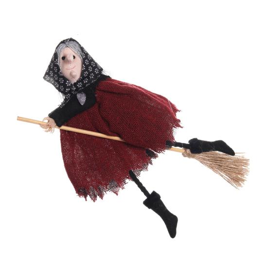 Halloween Witch Doll Small Hangable Witch Ornament Decorative Flying Witch Figurine On Broomstick for Indoor Outdoor Tree Home Kitchen Decor