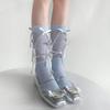 Japanischer Stil Schimmerndes Netz Spleißende Gerippte Über die Wade Socken für Damen Mädchen Niedliche Schleife Schleifenknoten Lange Strümpfe