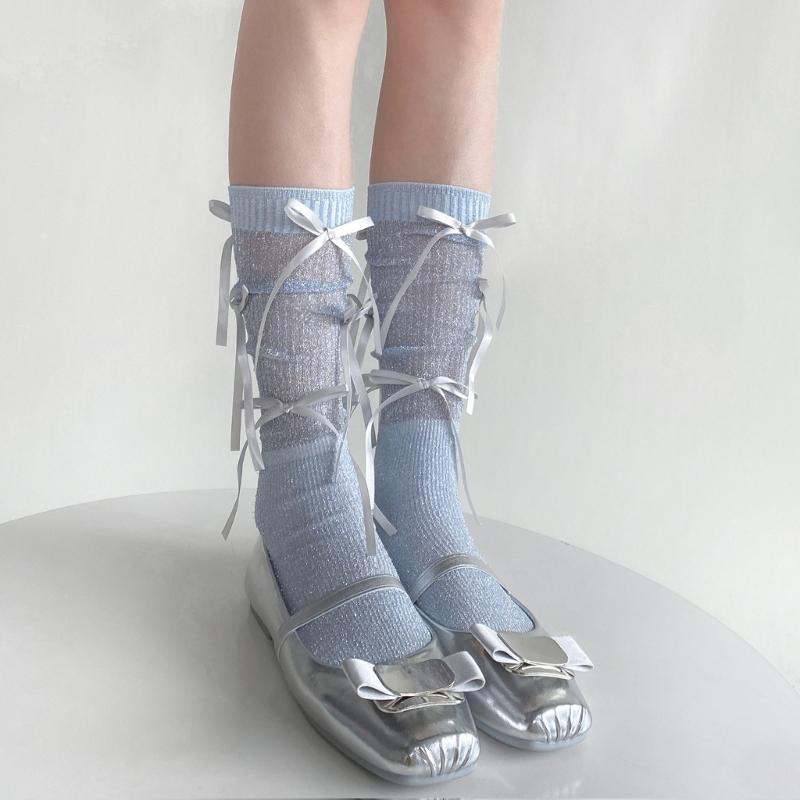 Japanischer Stil Schimmerndes Netz Spleißende Gerippte Über die Wade Socken für Damen Mädchen Niedliche Schleife Schleifenknoten Lange Strümpfe