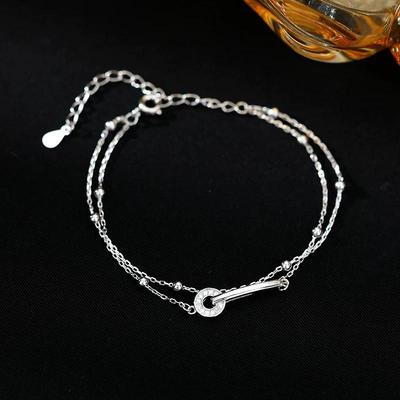 S925 Sterlingsilber Doppellagiges stapelbares Armband mit durchgehend diamantbesetzter Perlenkette und rundem Ringdesign