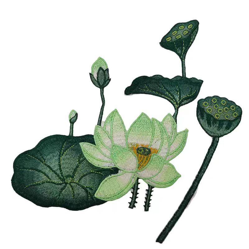 2Pcs/Set Sew On Applique Decoration Handmade DIY Chinese Style Green Big Lotus Flower Leaf Embroidered Patches For Clothing