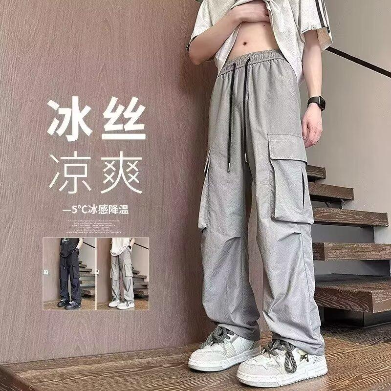 Ice silk overalls men's summer thin drape and thin loose sweatpants American trend casual multi-pocket pants