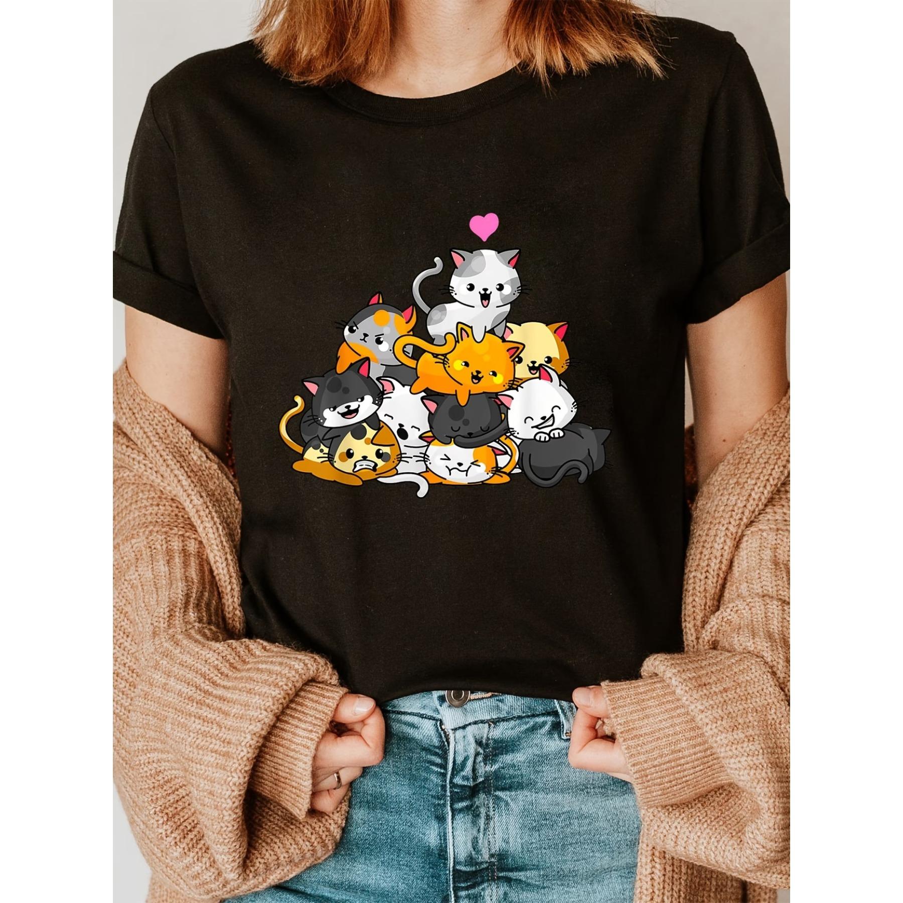 

Футболка с принтом кошек, с круглым вырезом, повседневная, с коротким рукавом, для весны и лета, женская одежда S чёрный
