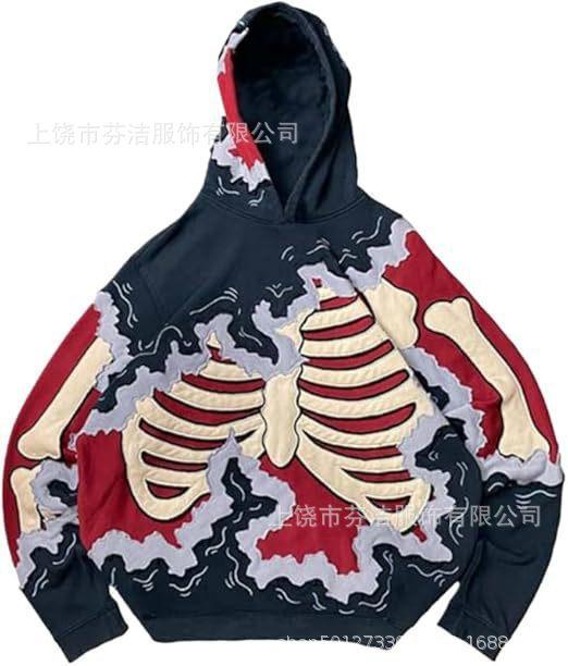 American Flame Skull Frame 3D Printed Hooded Sweatshirt, Vintage High Street Loose Trendy Brand Pullover Sweatshirt