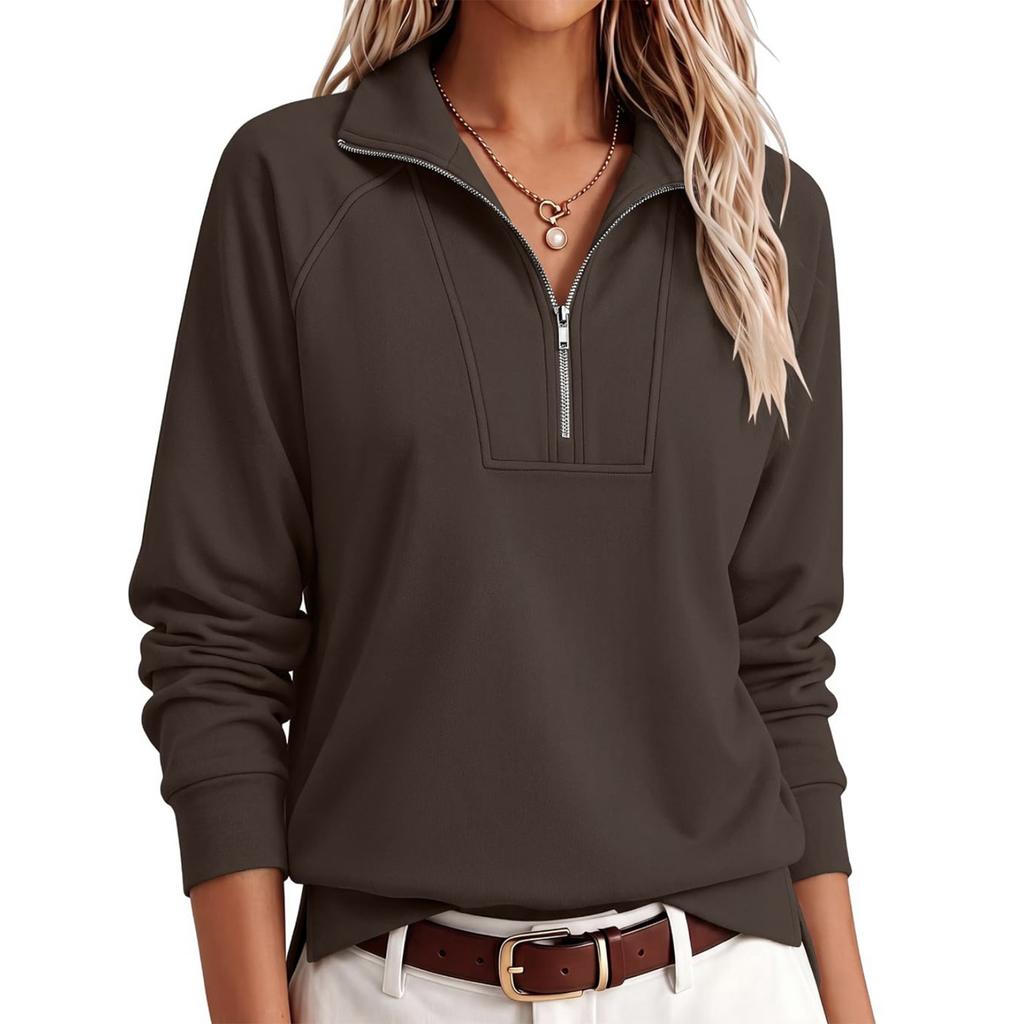 Women's Half Zip Sweatshirt Color Collared Long Sleeve Raglan Sleeve Loose Fit Casual Top for Everyday Wear