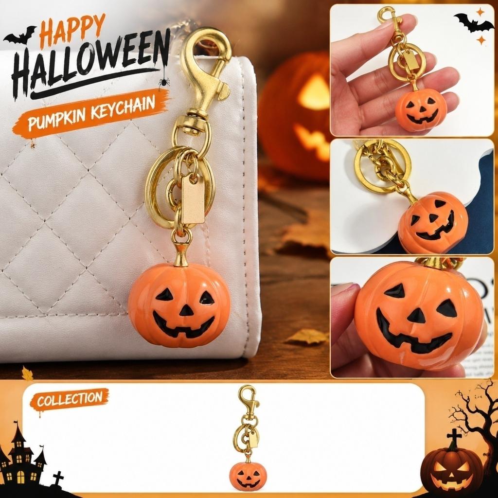 Halloween Pumpkin Keychain with Skull Pendant Metal Key Holder Clip Durable Keyring for Keys and Bags Halloween Accessories