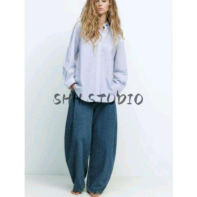 Spring New Women's Clothing Patchwork Pleated Design Cotton Stripes Poplin Loose Long Sleeves Shirt 5063015