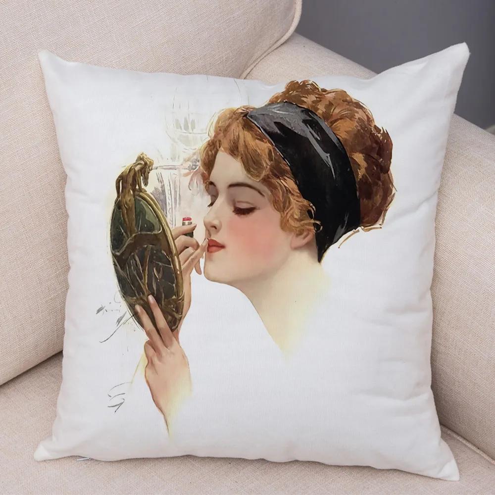 European Lady Cushion Cover Decor Vintage Style Elegant Women Print Pillowcase for Sofa Home Car Soft Plush Pillow Case 45x45cm