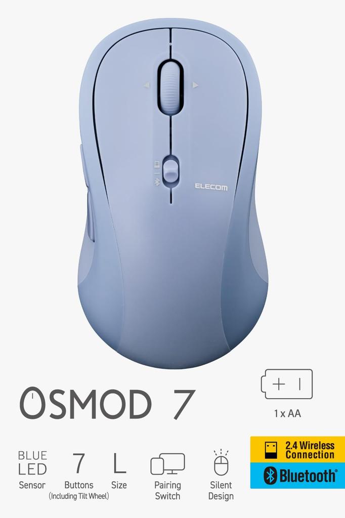 ELECOM OSMOD Seven 7 Wireless Bluetooth to 2 7 Tilt Blue Mouse, Quiet, 2.4GHz, Multi-Pairing (Up Devices), Buttons, Wheel, Large, (M-MY40MBSBU-G)