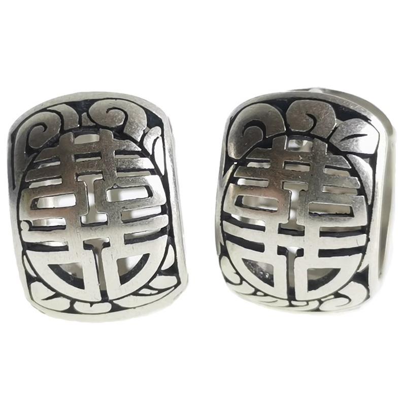 Retro Distressed Double Happiness Earrings Hollow Wide Surface Chinese Style Personality 100% Match Ear Buckle Design Back-to-school Ambience Jewelry