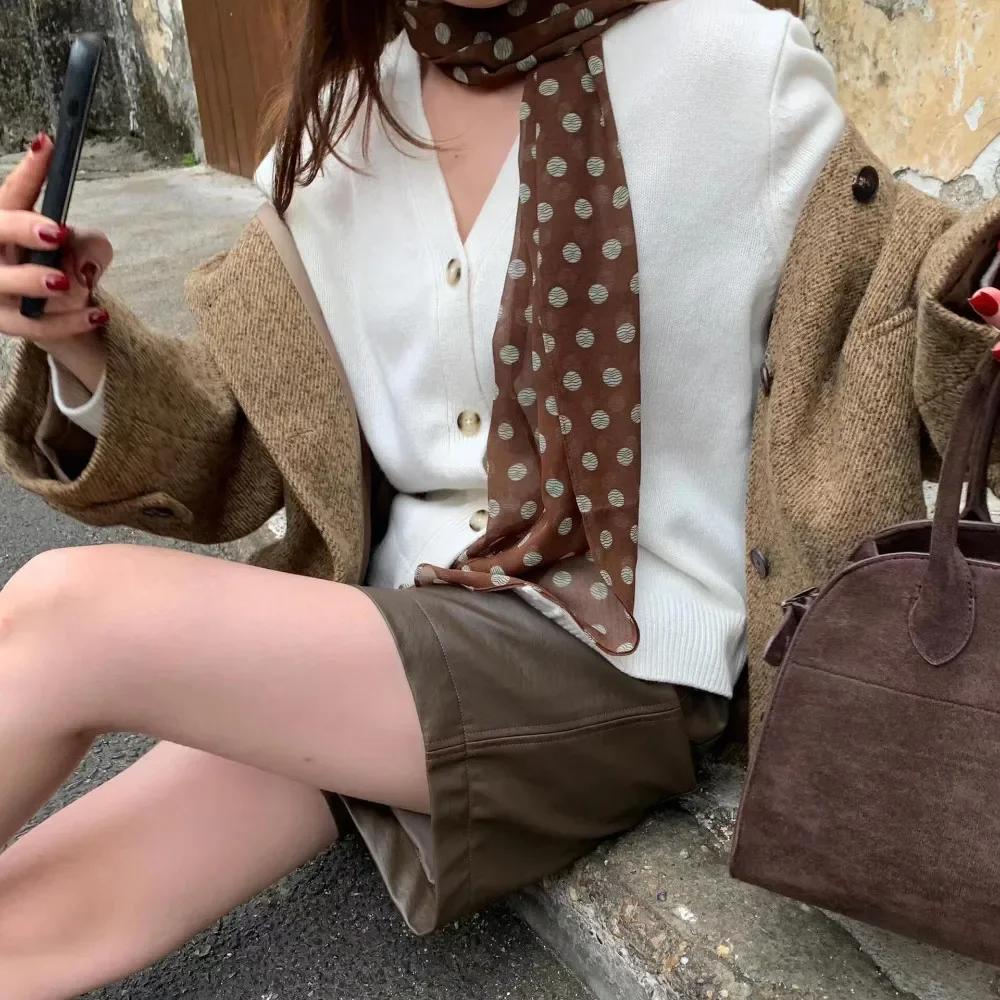 Simple and Versatile Neck Scarf Accessory Brown Polka Dot Printed Scarf