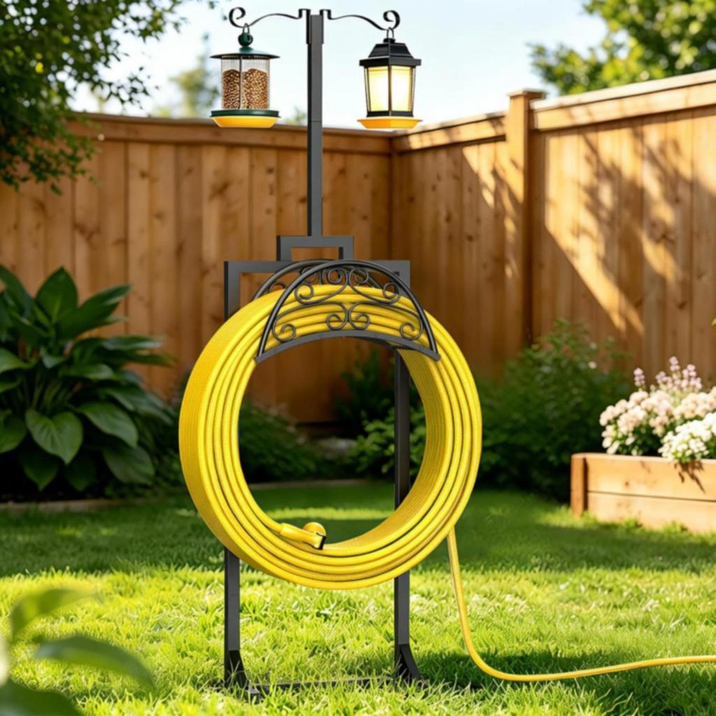 Garden Hose Holder with Spikes Decorative Scrollwork Freestanding Pointed Stakes Yard