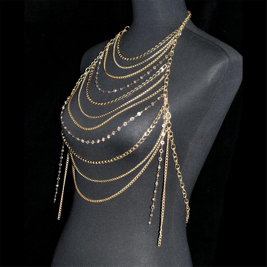 Stylish Women Rhinestones Chest Chain Necklace for Beach and Nightclub Outfits Layered Halter Neck Body Jewelry Crop Top