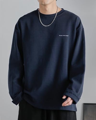 JHIJSC Men's Long Sleeve T-Shirt, Spring, Simple, Cotton, Solid Color, Loose Fit, Stylish, Plus Size (L, Navy)
