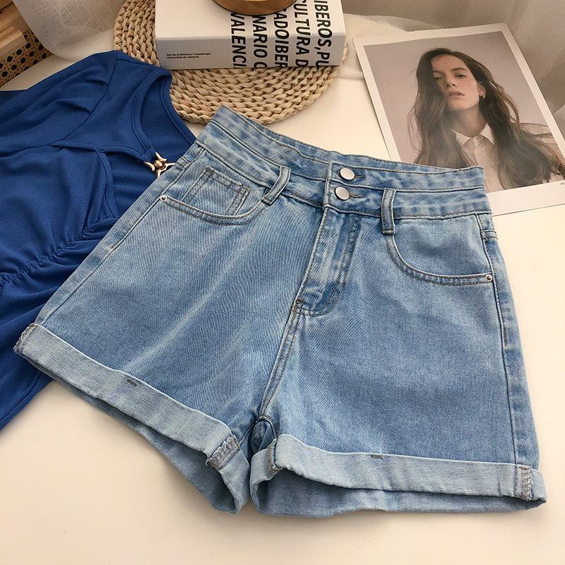 

Молодежная жизненная сила, удобные, обтягивающие, модные и универсальные, джинсовые шорты, женские, с ультра-высокой талией, летние, свободные, тонкие, прямые, трапециевидные, подвернутые брюки M светло-синий