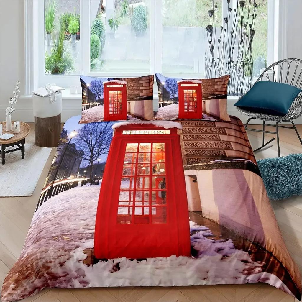 Big Ben Comforter Cover Boys Famous Telephone Booth Bedding Set for Teens Retro London Cityscape Duvet Cover Set with Pillowcase