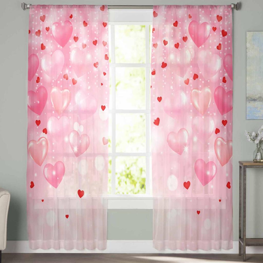 Valentine'S Day Pink Love Sheer Curtain Living Room Drapes Home Bedroom Voile Curtain Tulle Window Curtain