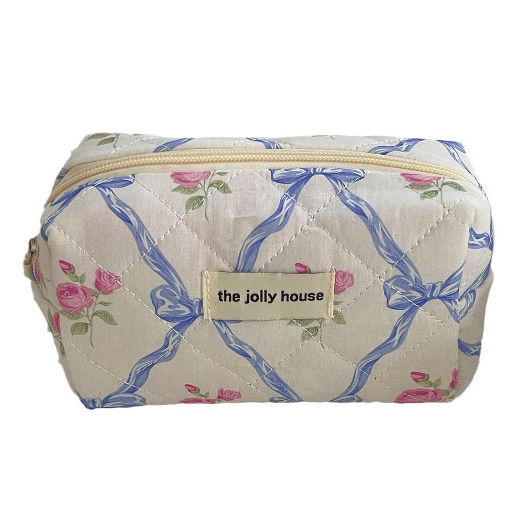 Bowknot Floral Palace-Style Quilted Wash Bag - Retro, Soft, Cute Octagonal Design