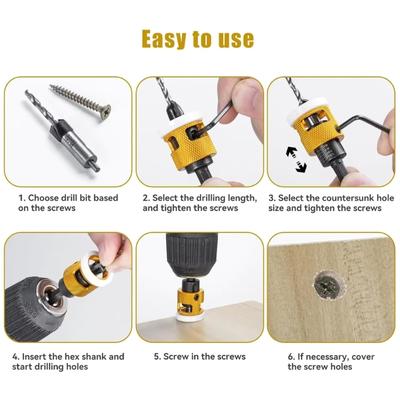Pack of 5 Hex Shank Countersink Drill Bits with Adjustable Depth Stop Tapered Bits for DIY Projects and Professional Use