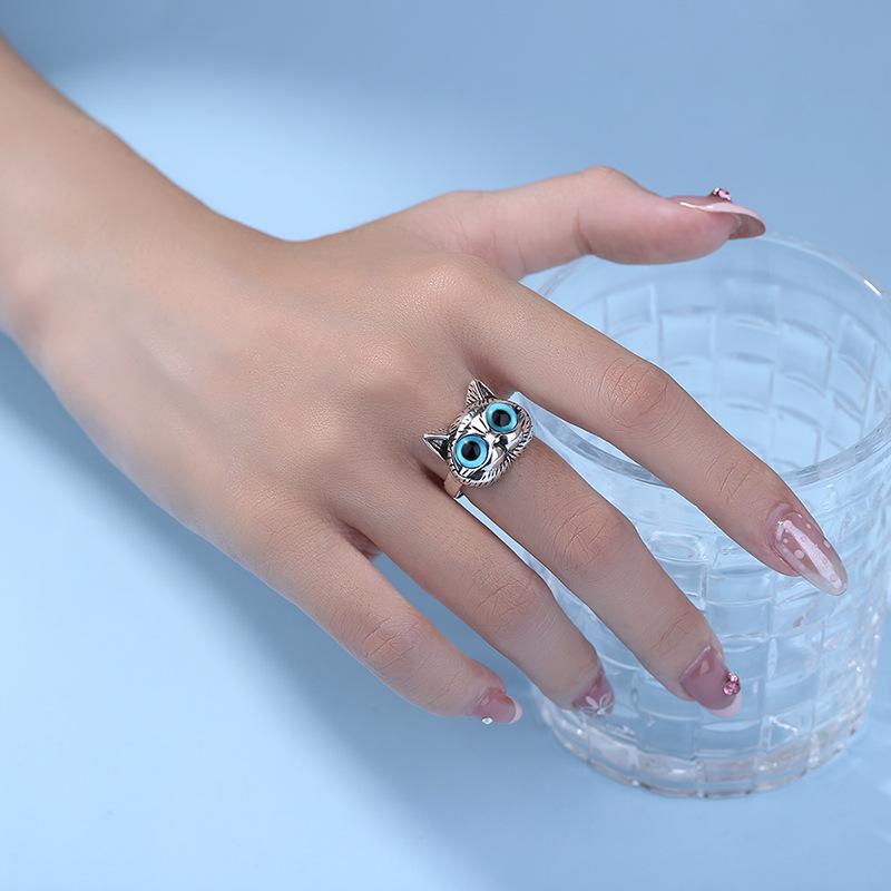 Retro Modrý Kočičí Prsten pro Ženy Gotický Slitina Zinku Sterlingová Slitina Zinku Nastavitelný Prsten Roztomilé Kotě Zirkon Trendy Unisex Doplňky Dárek