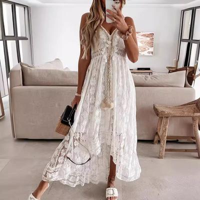 Women's Solid Color Sleeveless V-neck Jacquard Patchwork Loose Long Dress Clothes Sale