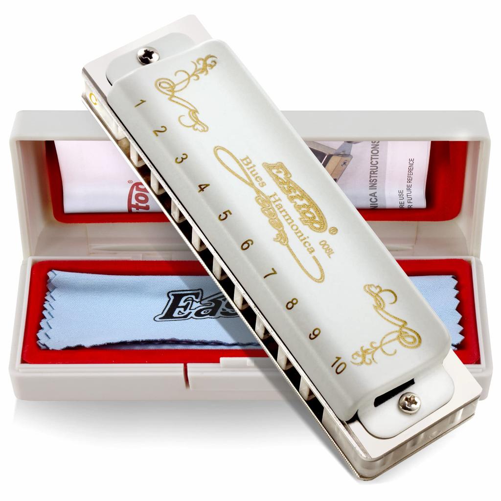East Top Blues Harmonica In Bb 20 Brass Canvas and Cleaning Professional Diatonic Harmonica 10-Hole Key, Tones, Cover, Case, Cloth, (T008L-Bb-gm)