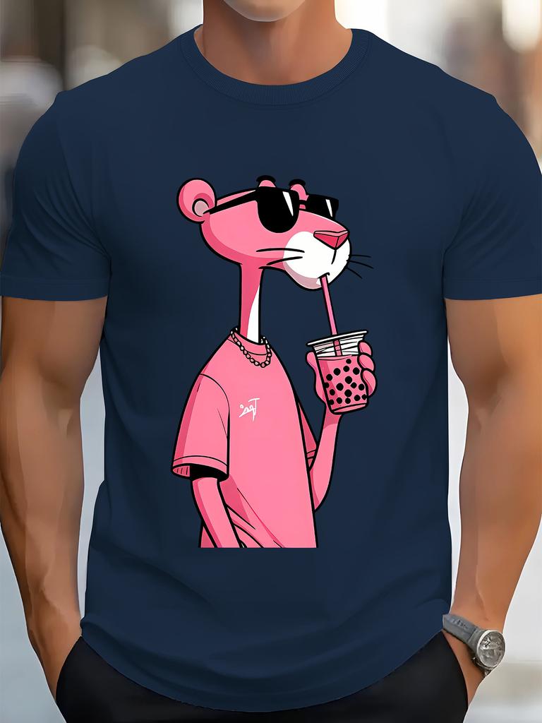 [ Retro Hiphop Tee] Casual  T-Shirt - Milk Tea Leopard Print, Crew Neck, Short Sleeve, All-Season Knit Fabric, Regular Fit
