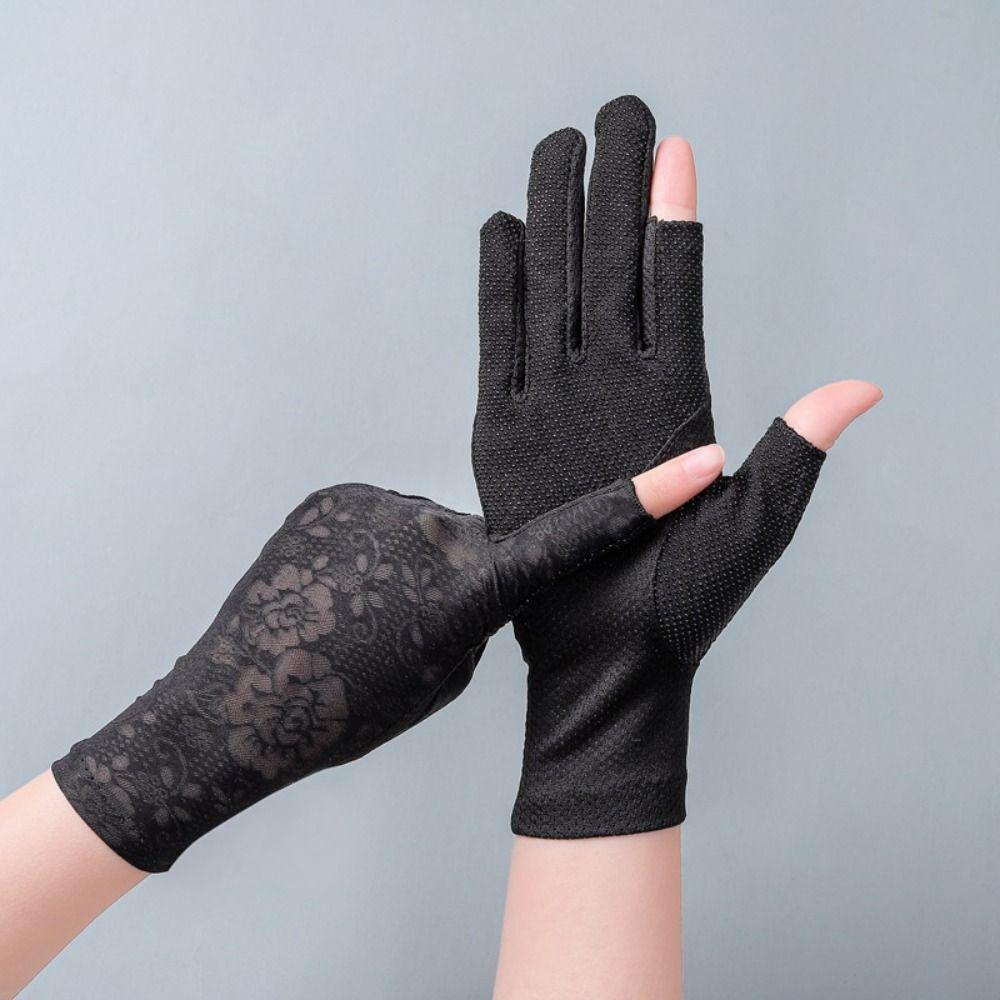 UV Protection Summer Sunscreen Gloves Ice Silk Lace Anti-UV Mittens Slip Resistant Breathable Cycling Driving Gloves Sports