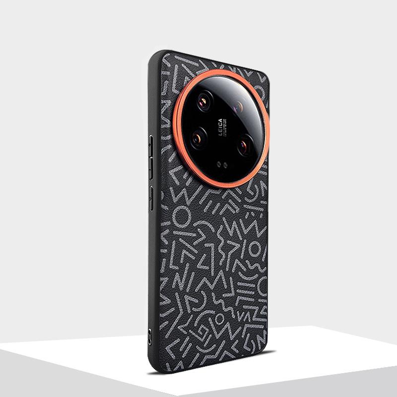

Painted Geometric Graffiti Plain Leather Case for Xiaomi 13 Ultra Mi 14 Ultra Mi14 Pro Metal Lens Hole Independent Button Cover Mi13Ultra чёрный