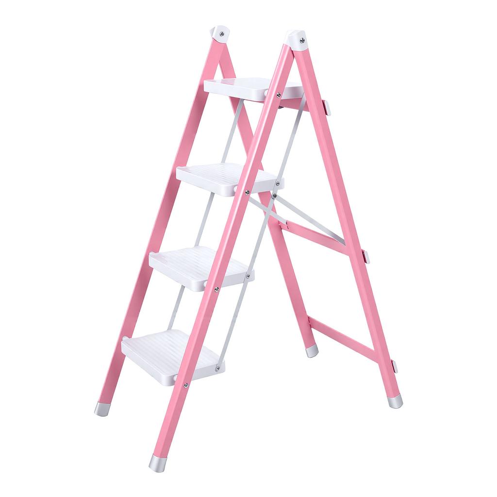 4 Step Ladder Non Slip Folding Step Stool Ladder Thickened Flower Stand for Kitchen Bedroom Office Pinkish White