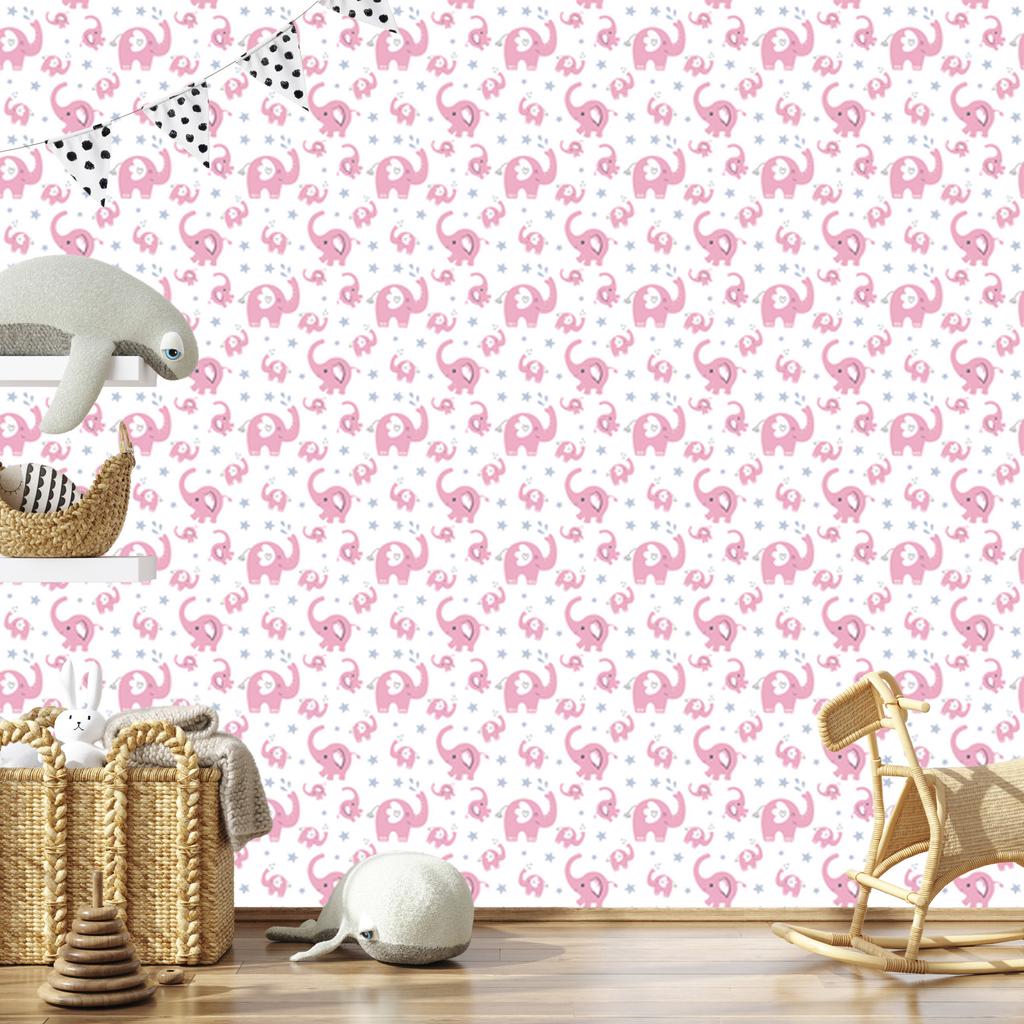 Elephants Wallpaper White, Powder Pink and Light Gray 50x1000