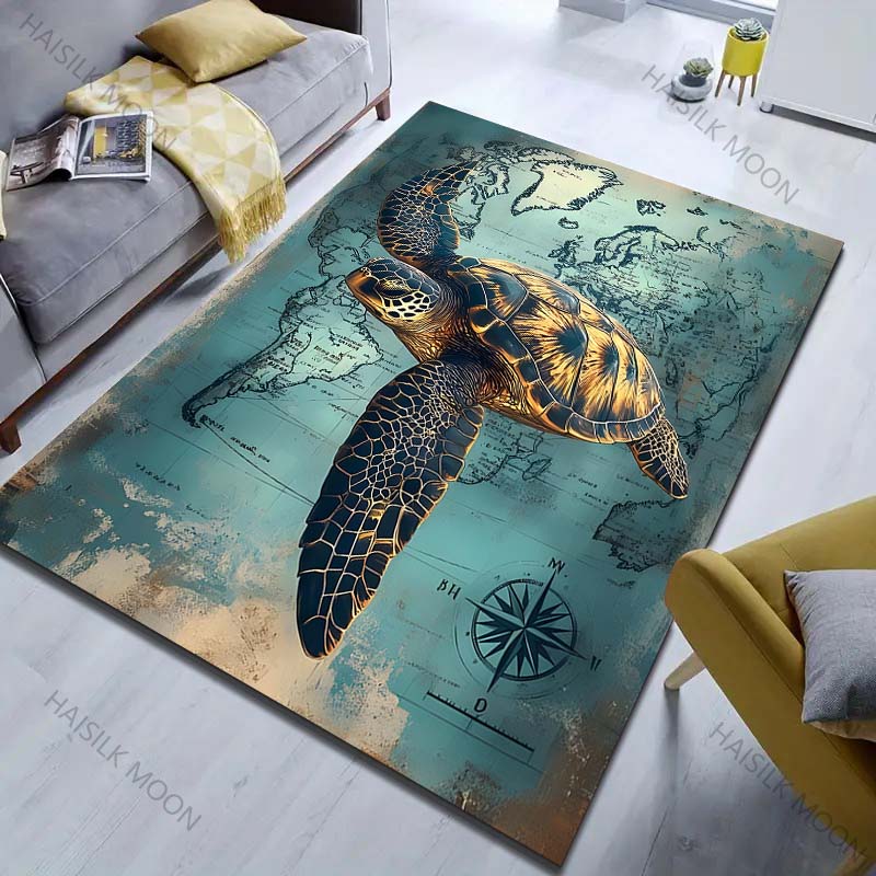 Vintage Turtle Map Print Carpet for Living Room Bedroom Bedside Sofa Floor Mat Modern Home Decor Area Rug Machine Wash