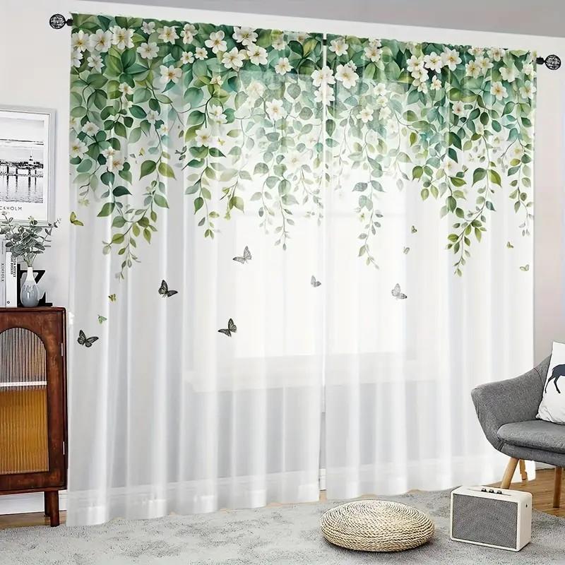 2pcs Forest White Flower Curtains: Suitable for Living Rooms/daily Use   Fresh Breeze   Pole Type Translucent Gauze Curtains