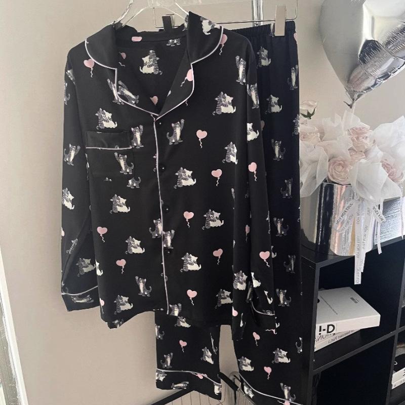 Women's Ice Silk Long-Sleeved Pajamas - Heart Balloon Design, Spring/Summer, Thin Style for Dormitory or Home Wear.