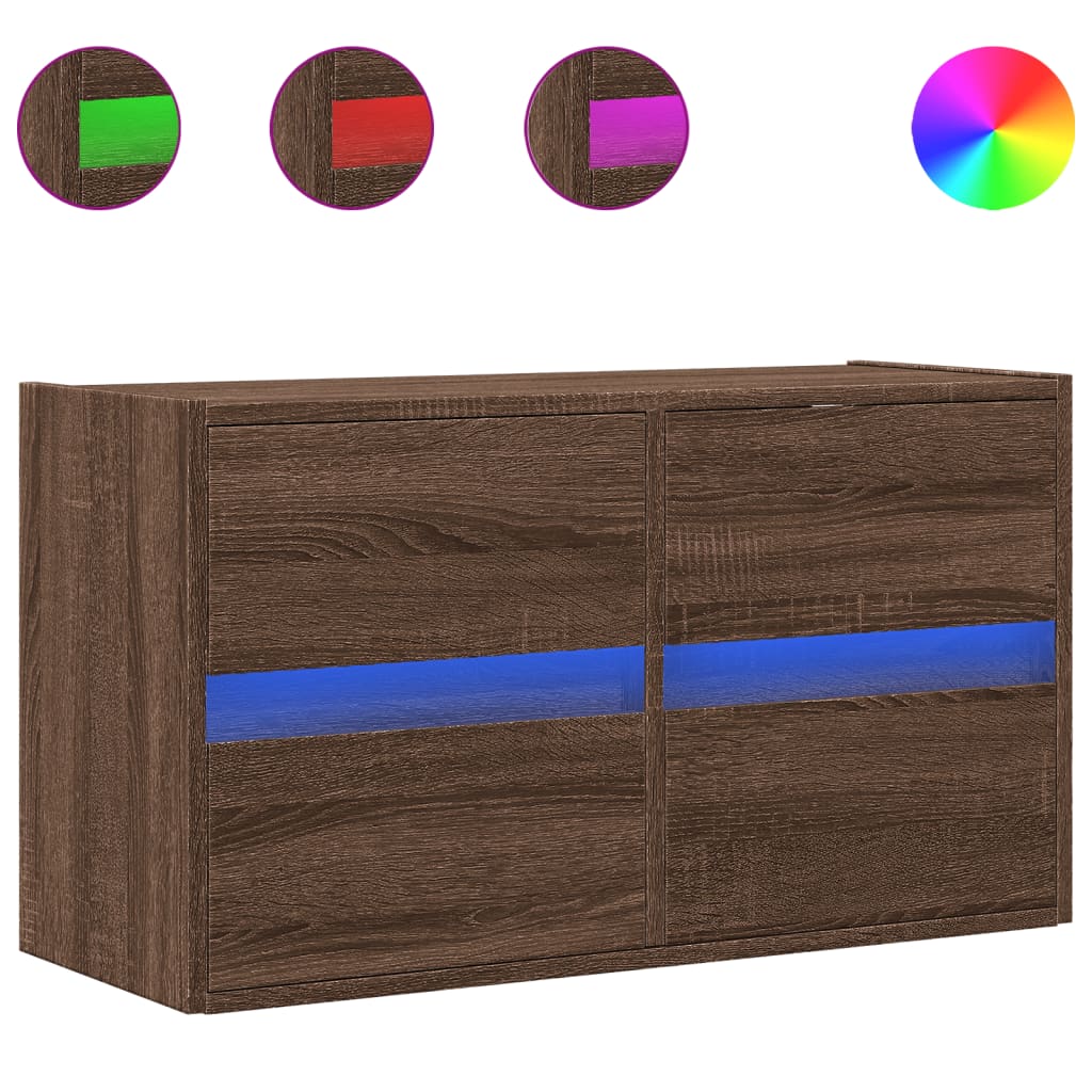 Wall Mounted TV Cabinet with LED Lighting Brown Oak Effect 80 X 31 X 45 Cm