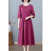 Elegantes Damen-Midi-Kleid aus burgunderrotem Leinen mit Knopfleiste und Spitzenbesatz