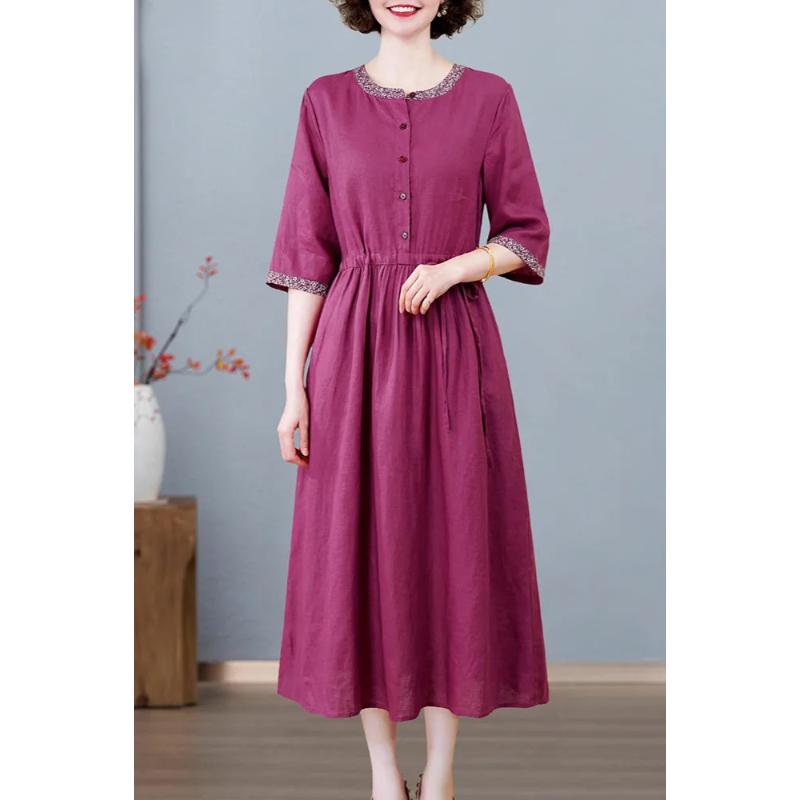 Женское элегантное бордовое льняное платье-миди на пуговицах с кружевной отделкой M фиолетовый