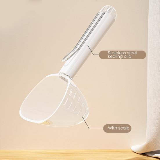 Pala pentru mâncare de câini Cupă de măsurat din plastic multifuncțională pentru mâncare de animale cu mâner lung Clips de sigilare 2 în 1 pentru mâncare de câini, pisici, păsări