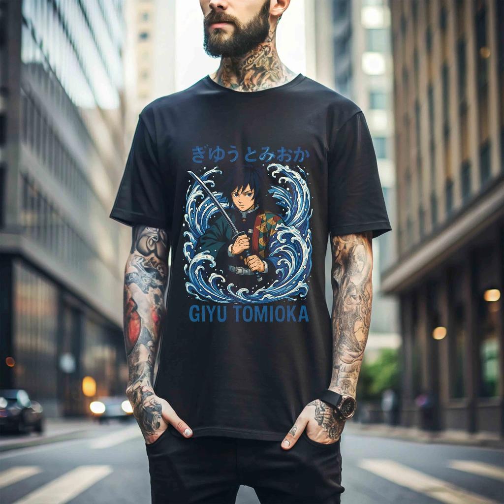 100% Cotton TOPS UNISEX TEES MENS WOMENS Giyu Tomioka T-Shirt Demon Slayer Kimetsu No Yaiba Anime Black Shirt Size 527