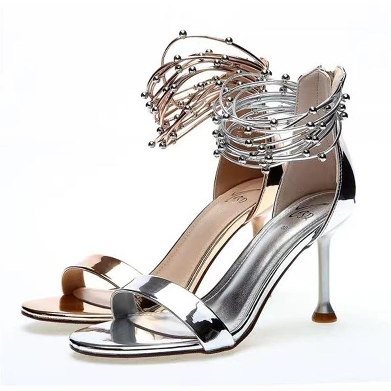 High heels women's 20254 summer new sexy rhinestones European and American gold back zipper open-toed stiletto sandals women