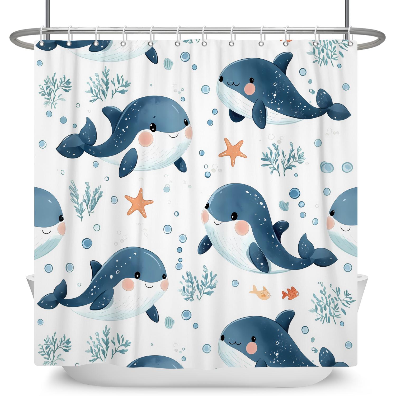 

Cartoon Kids Shower Curtains Cute Ocean Fish Turtle Whale Octopus Waterproof Fabric Bathtub Bathroom Curtain Decor With Hooks W60H190(CM)-1 Pcs