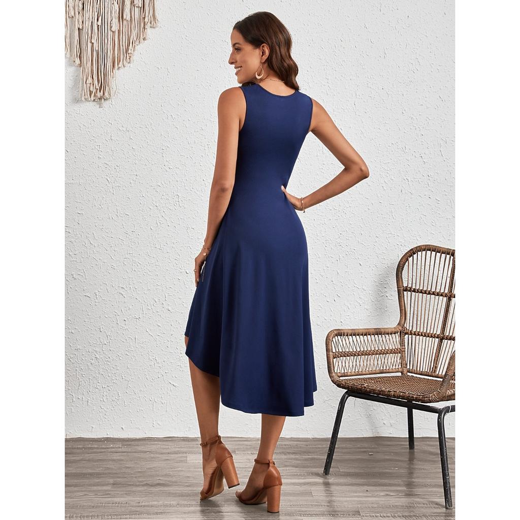 IHUASU Summer Women's Summer Fashion Sleeveless Solid Color A-line Crepe Mid-dress