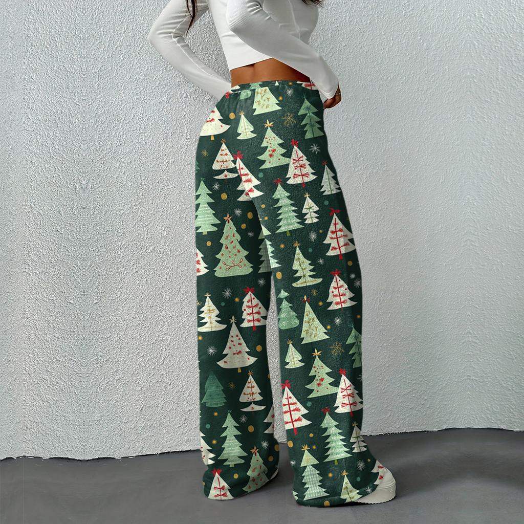 Women's Casual Fashion Printed Elastic Waist Loose Straight Leg Pants With Rope