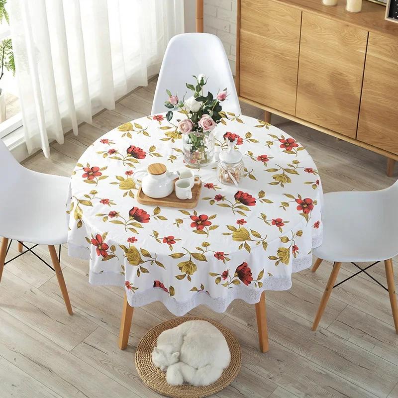 Pvc Hotel Waterproof Tablecloth Printed Oil Resistant Large Circular Table Cloth Hotel Plastic Round Table Cover With Lace Hem