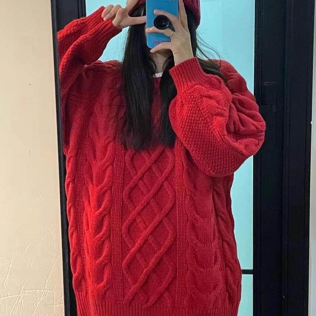 2024 Women's Red Loose Knit Sweater - Soft Cable Knit Pullover for Autumn/Winter